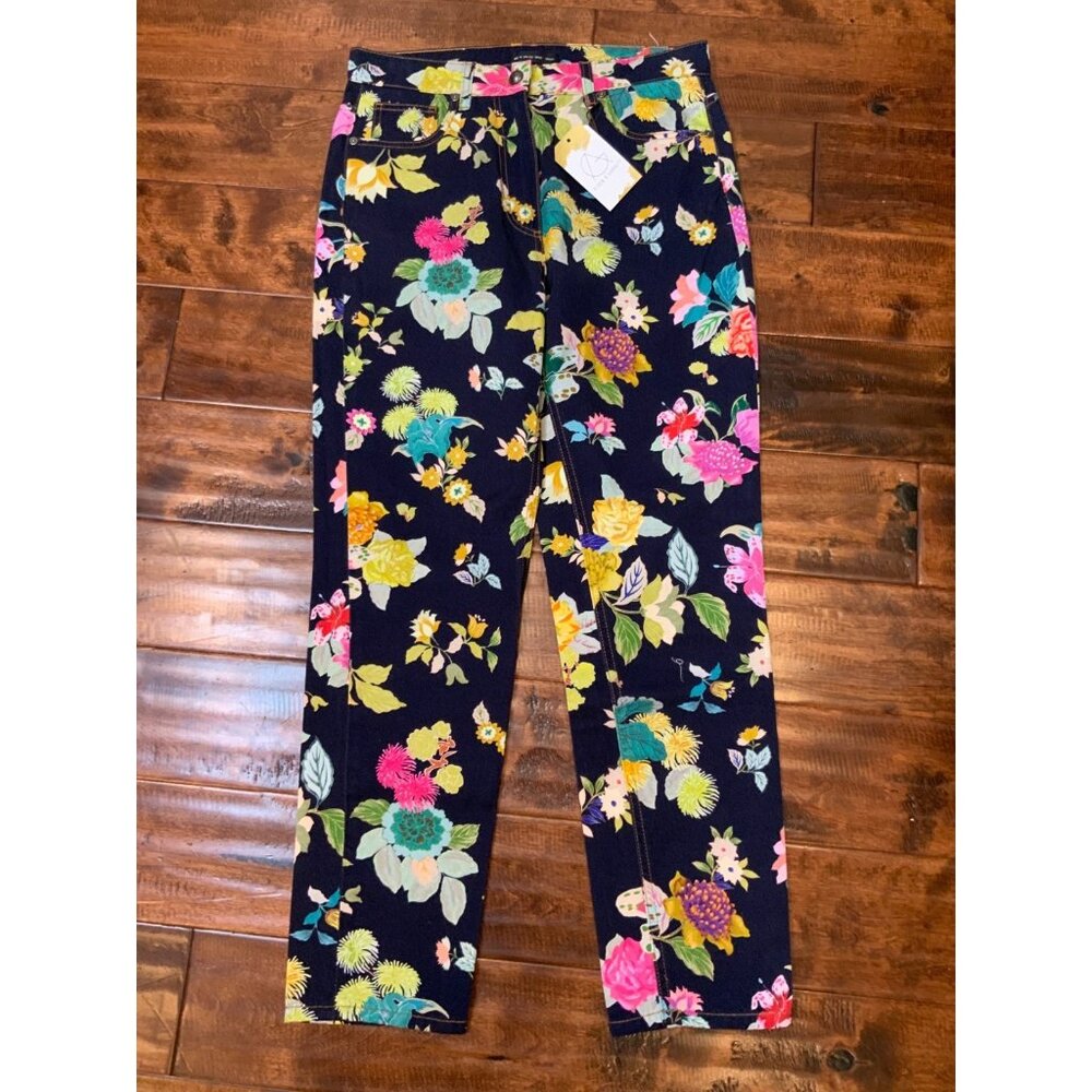 ETRO Milano Blue Dark Wash Denim Floral Print Straight Leg Jeans $800, Size 30